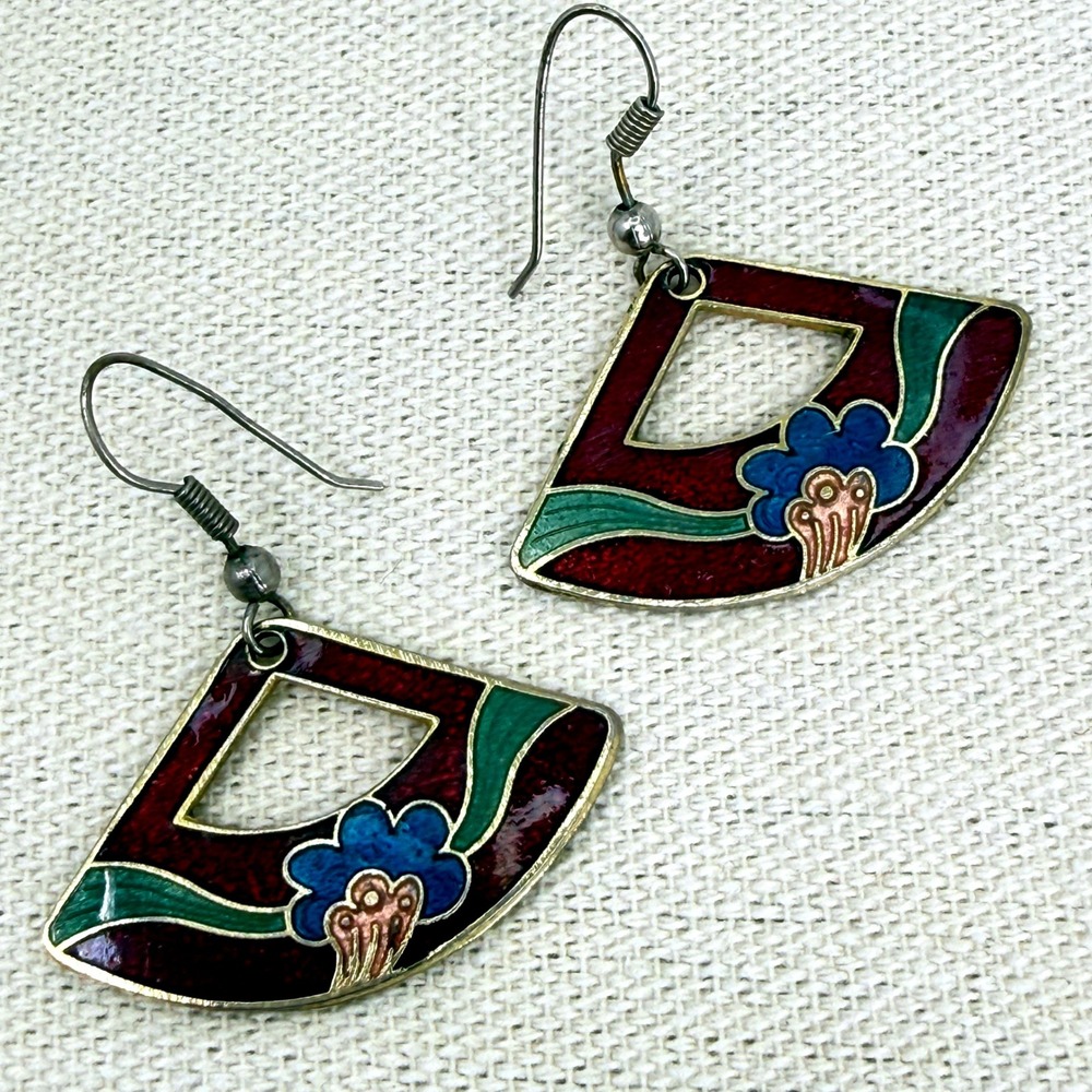 Vintage Cloisonne‎ Fan Earrings Enamel Floral Colorful Dangle